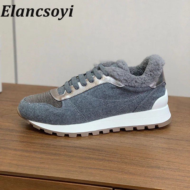 Winter metal decorative suede casual lining paired with patchwork flat shoes comfortable multifunctional vacation walking shoes