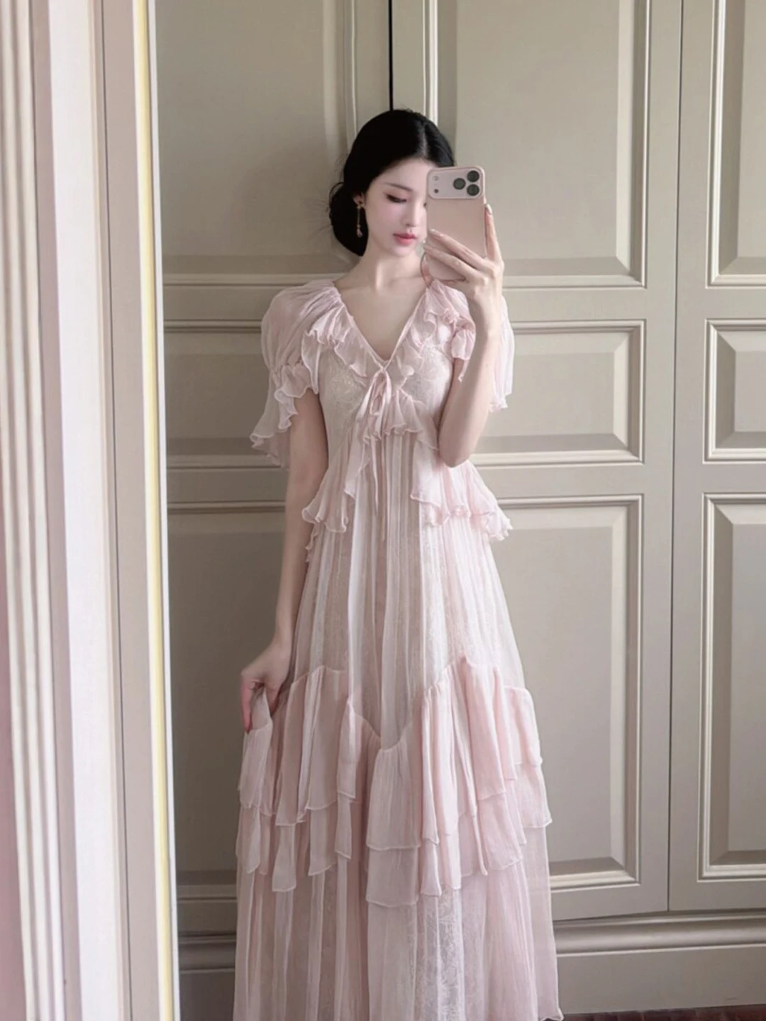 

Slimming V-Neck Waist-Cinching Dress Gentle Style Summer New Trend Short Sleeve High Waist A-Line Dress Home City Campus Casual