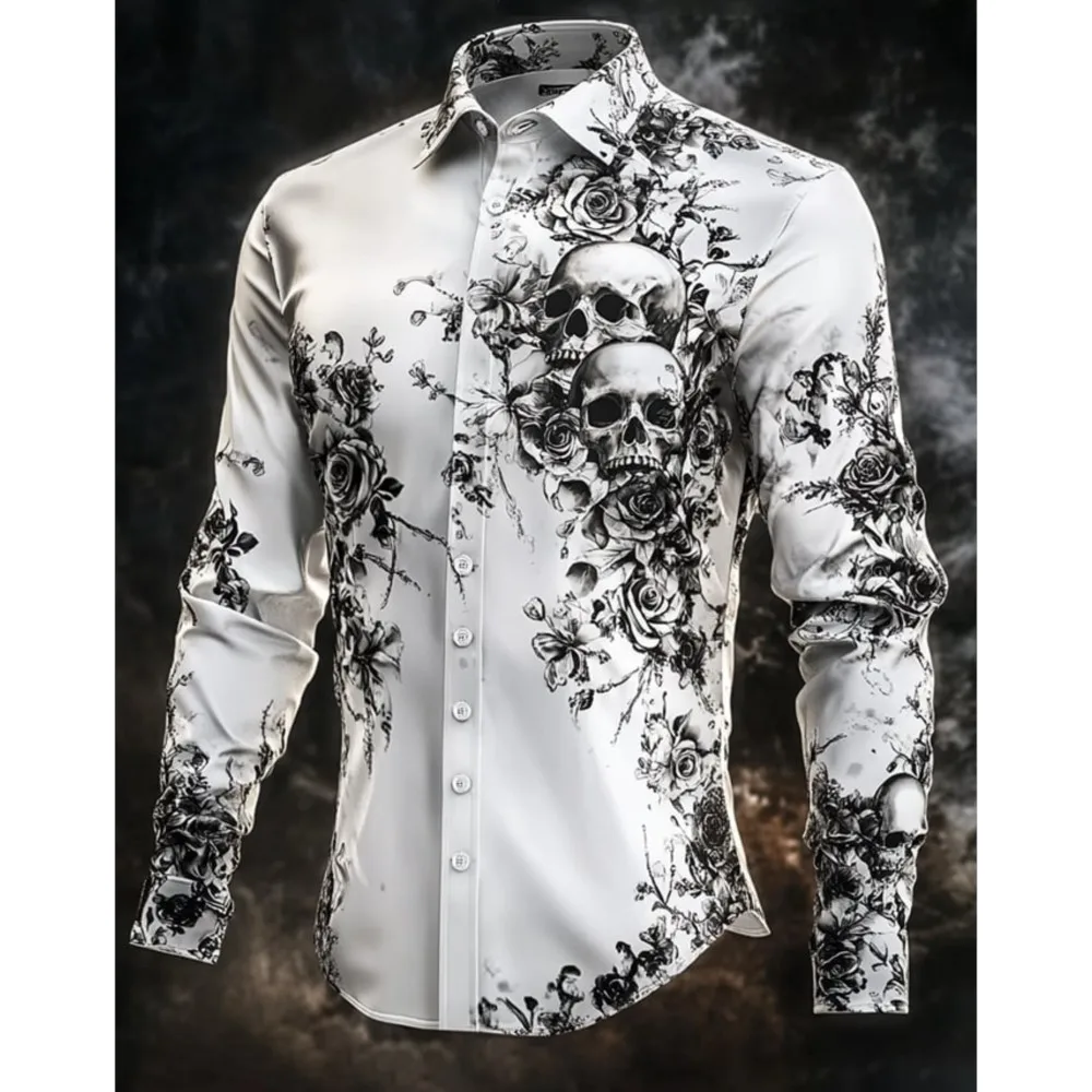 Męska koszula w paski z grafiką, nadrukiem czaszki, streetwearowa, outdoorowa, z długim rękawem, zapinana na guziki, modna odzież uliczna, prosty i stylowy design.