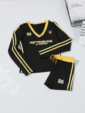 गर्मियों में सेक्सी महिलाओं के लिए 2 पीस सेट क्लब आउटफिट लेटर प्रिंट वी-नेक क्रॉप टॉप+मैचिंग ड्रॉस्ट्रिंग शॉर्ट्स कैज़ुअल ट्रैकसूट 10 best sales पार्टी वियर - №1