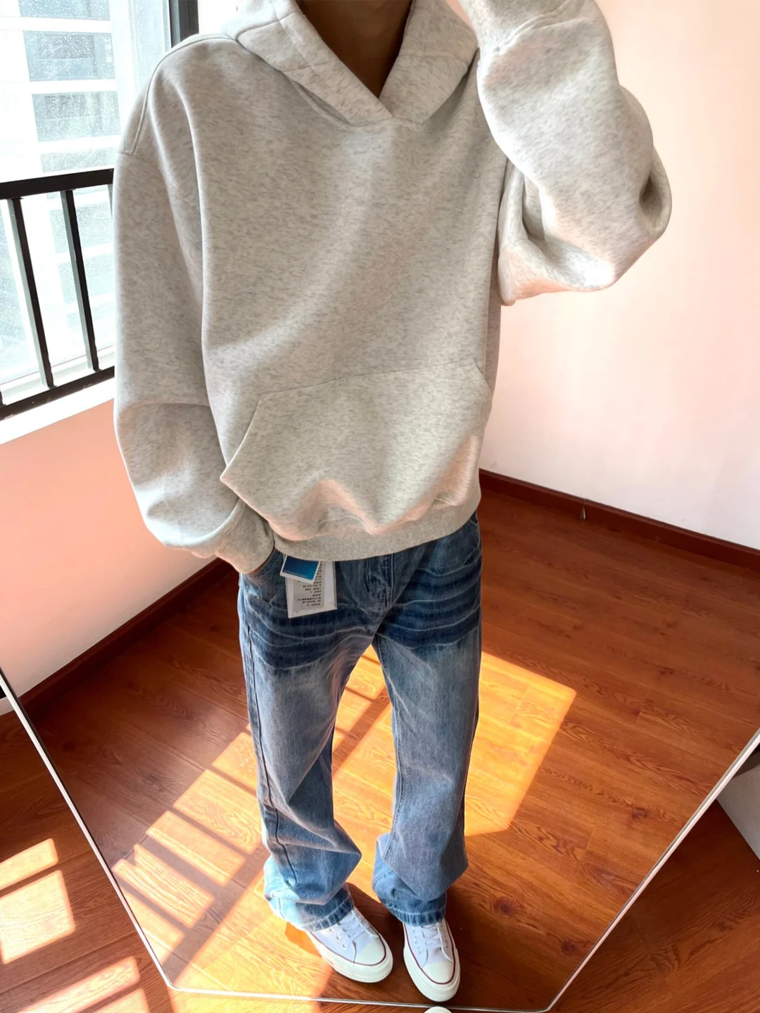 

Men's Boxy ort Wide Hoodie White Flower ey American Sle Heavyweight Jaet Cleanfit Cap Sve Long Autumn Outerwear