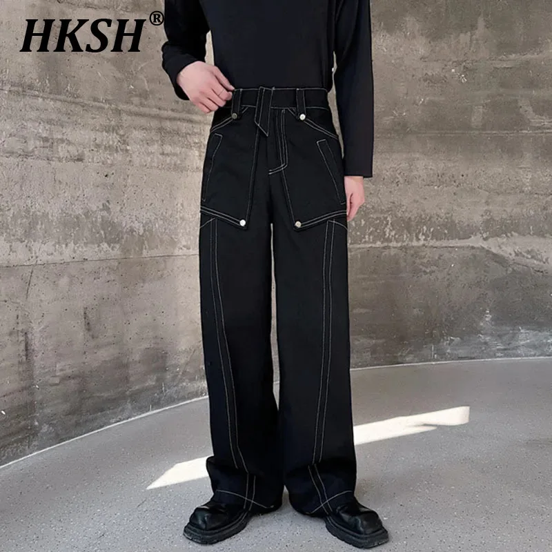 

HKSH Autumn New Men's Darkwear Casual Trousers Stylish Chic Metal Solid Color Straight Leg Pants Loose Pockets Punk Style HK2190