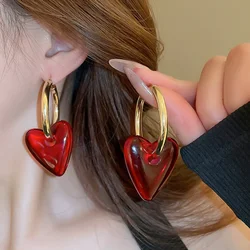 Minar Exaggerated Clear Red Color Glass Love Heart Large Hoop Earrings for Women Ladies Gold Plated Hoops Party Wedding Jewelry