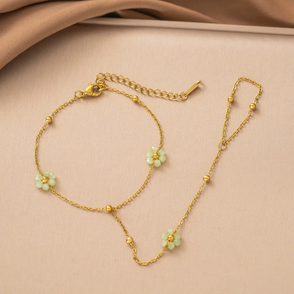 Stainless Steel Flower Bracelet Crystal Beaded Gold Color Crystal Beaded Bracelet Flower Design Finger Wrist Integrated