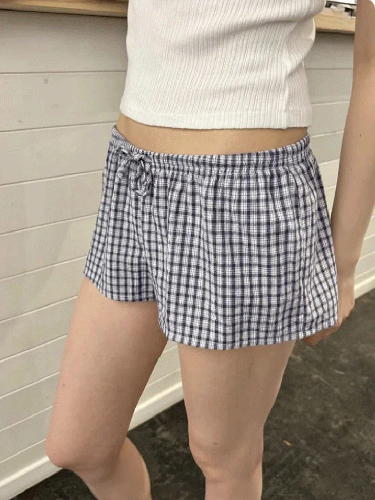 

Women Navy Plaid Drawstring Shorts Vintage Cotton Elastic High Waist Loose Straight Short Pant Sweet Girls Casual Home Underwear