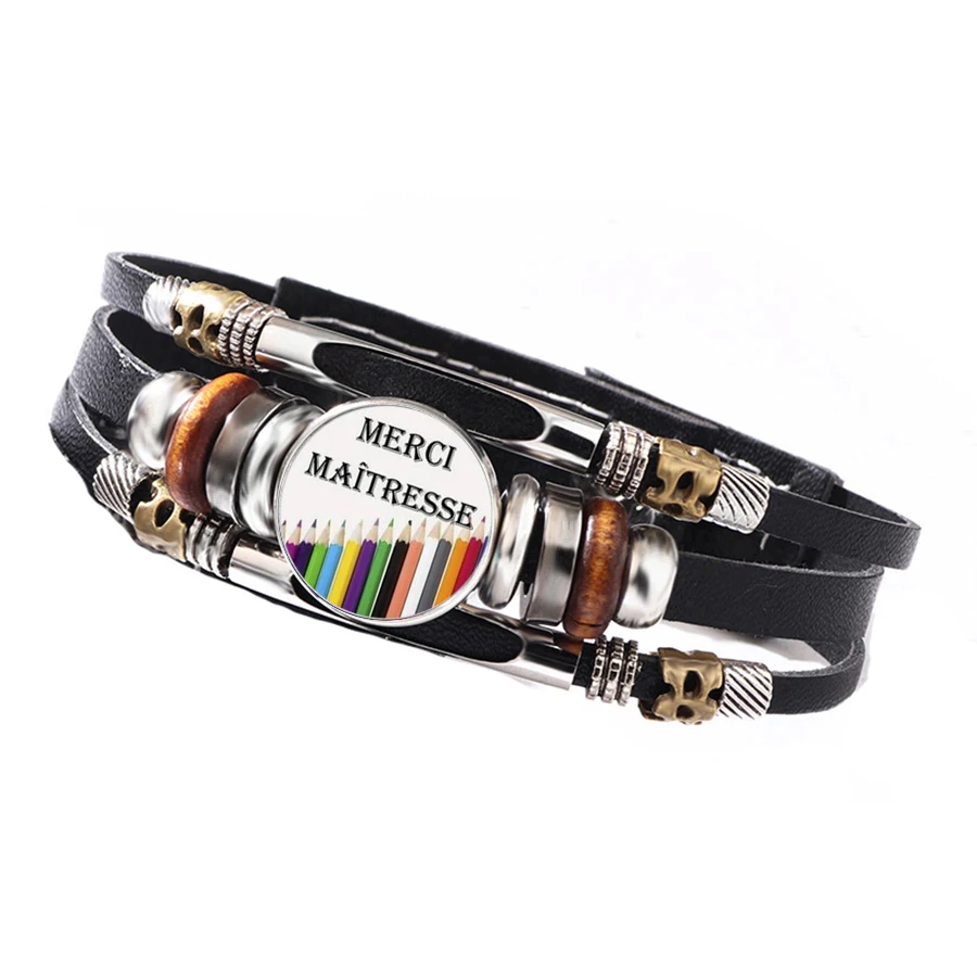 Thank You Teacher Colorful Pencils Round Glass Beaded Leather Bracelet Vintage Kindergarten Teacher Appreciation Wrist Ornament