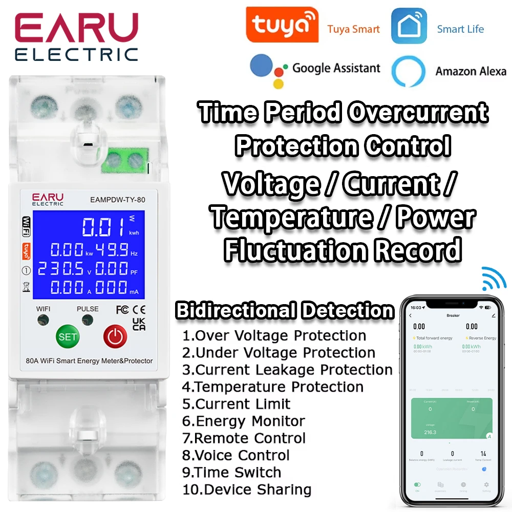 

Tuya Smart WiFi Circuit Breaker Switch PV Bi-Directional Energy Meter Timer Measuring Earth Leakage Over Under Voltage Protector