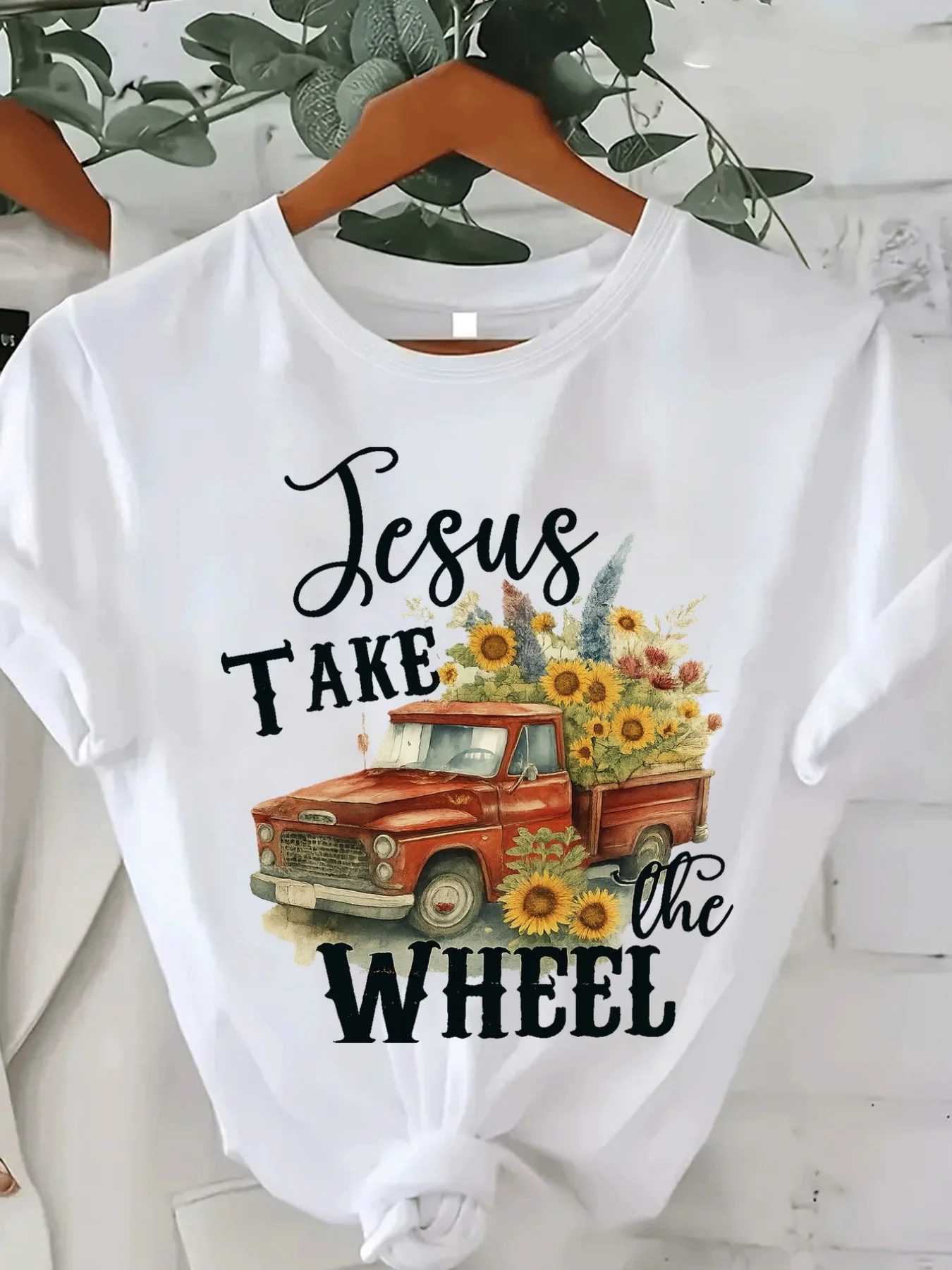 2025 Christmas Gift T-Shirt, Women's Casual Jesus Steering the Wheel Truck Sunflower Flat Print T-Shirt, Short Sleeve Round Neck, Regular Fit All-Season T-Shirt, Knitted Fabric, Valentine's Day