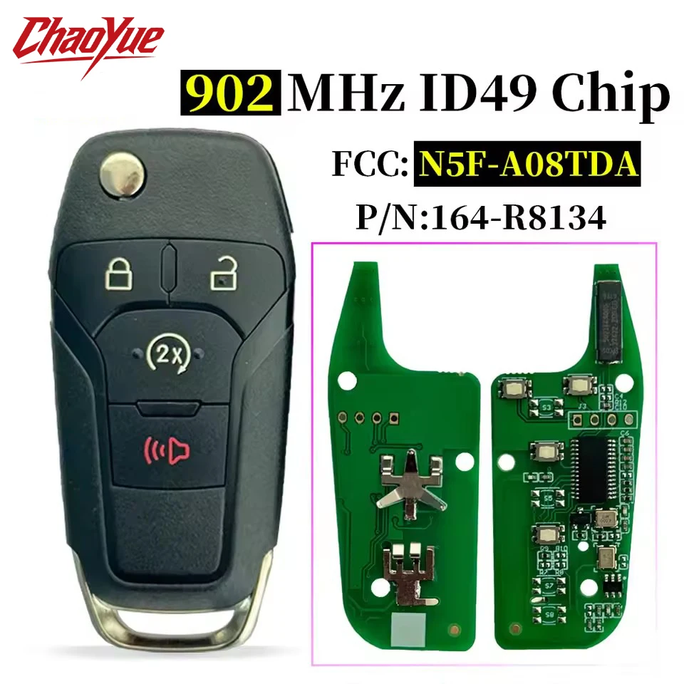 ChaoYue 4 Button Flip Remote Car Key Fob 902Mhz ID49 Chip for Ford F150 F250 F350 F450 F550 Ranger Raptor 2015-2020 N5F-A08TDA