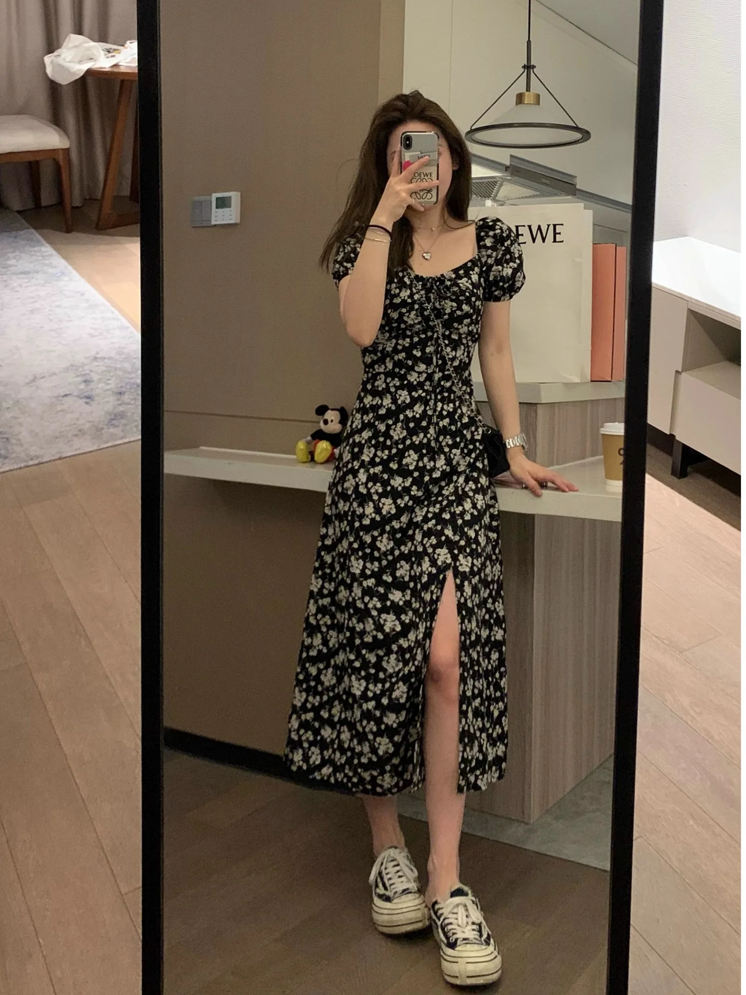 Women Elegant Floral Printed Long Dresses Casual Strapless Puff Short Sleeve A Line Dresses Ladies Side Split Dresses Summer