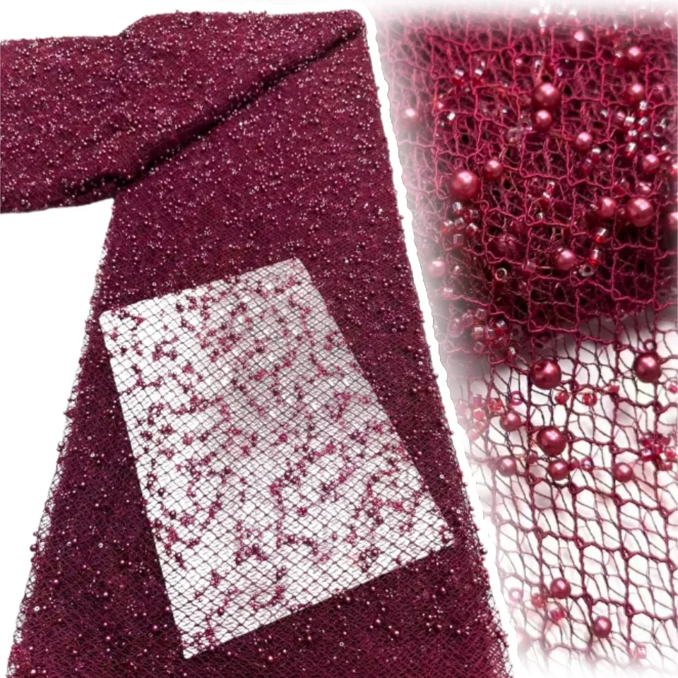 

High-grade French Stone Lace Fabric Luxury African Beaded Sequins Lace Fabric English Ladies Wedding Party Evening Dresses 2277