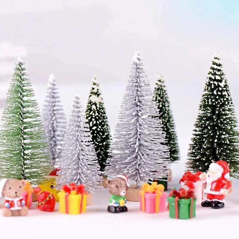 ~Mini Christmas Tree Ornament With Snow Frosted Design Cute Figurines For Tabletop Holiday Party Decor