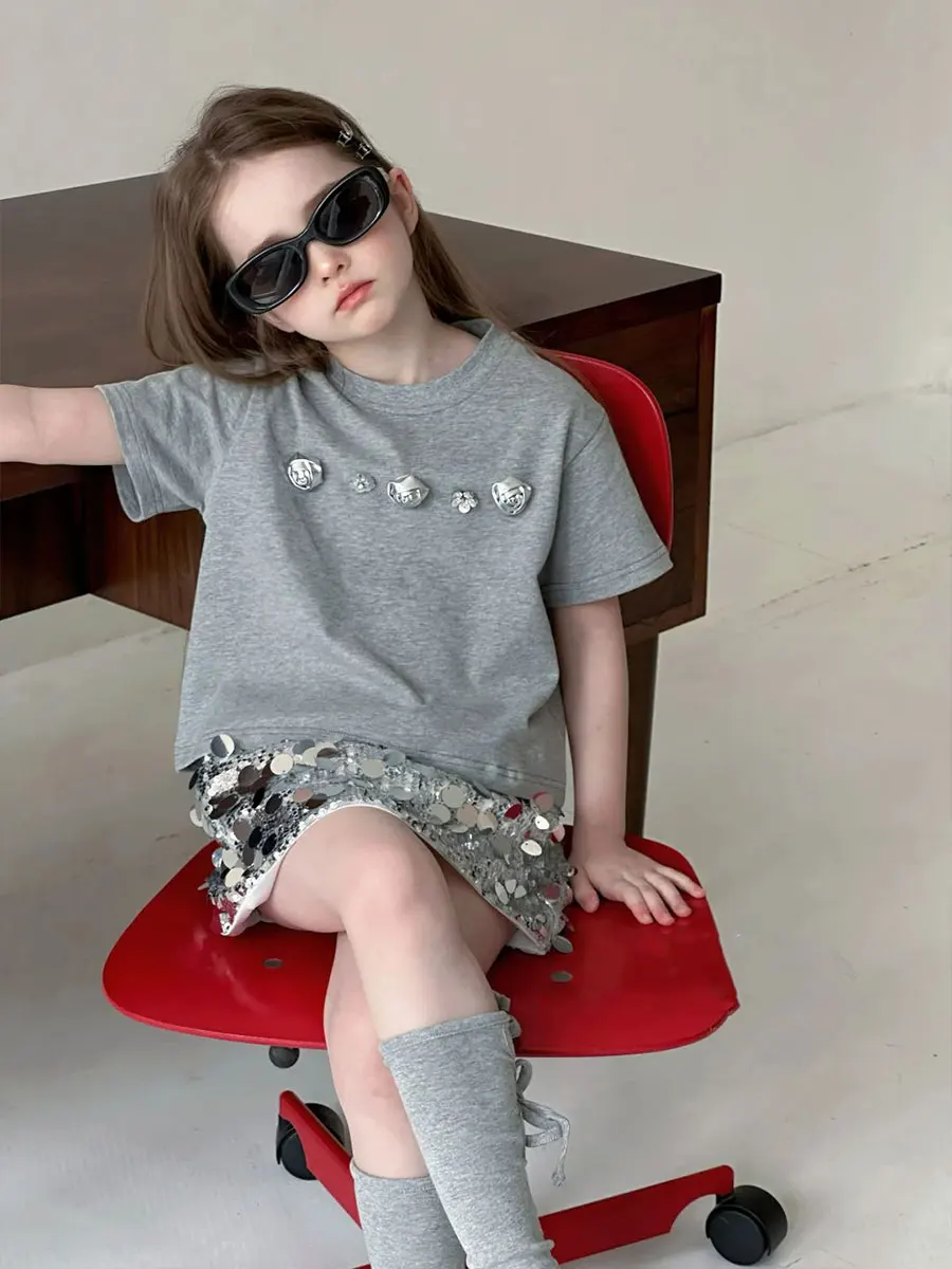 女の子の夏服半袖光沢のあるスカートカジュアルスタイル子供服セット通気性快適なポリエステルブレンド