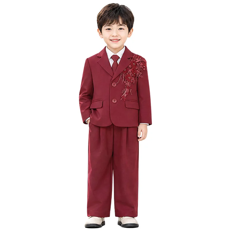 2026 New Kids Red Suits British style Flower Boys Wedding Suits Handsome Children's Piano Host Performance Costume