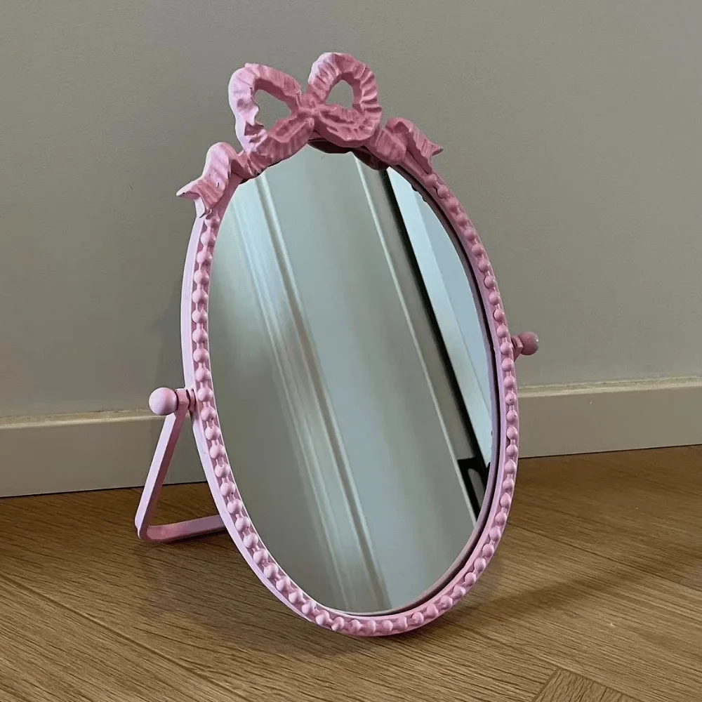 Fold Bow Mirror Room Decorations Oval Tabletop Mirror Vanity Mirror with Stand for Bedroom Dressing Room Makeup Desk Decorations