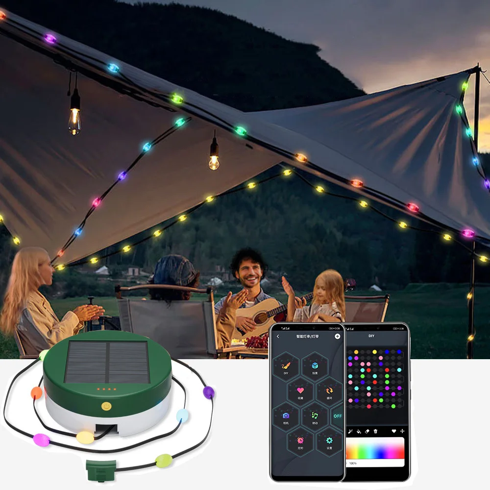 Solar RGB IC Camping Light String Portable Storage Box Lamp APP Control Bluetooth Camping Fairy Light for Outdoor Tent Party