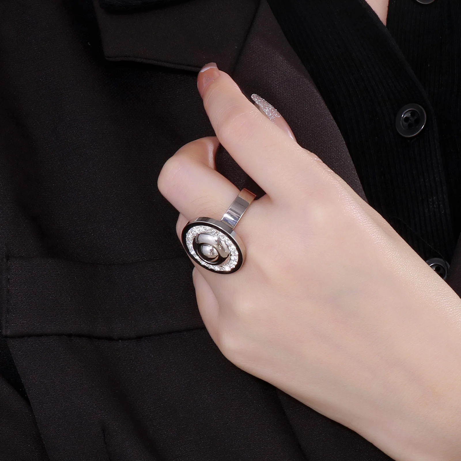 Kalen Stainless Steel Women Rings Jewelry Vintage Zircon Party Rhinestone Bright Black White Rings Never Fade Jewelry Gift