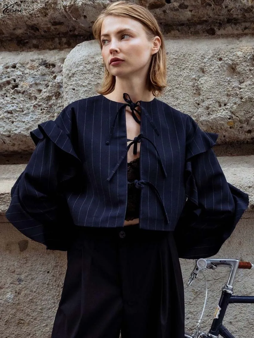 Oymimi Fashion Dark Blue Print Woman Blouses Autumn O-Neck Long Sleeve Lace-Up Blouses Casual Ruffled Crop Shirts Streetwear