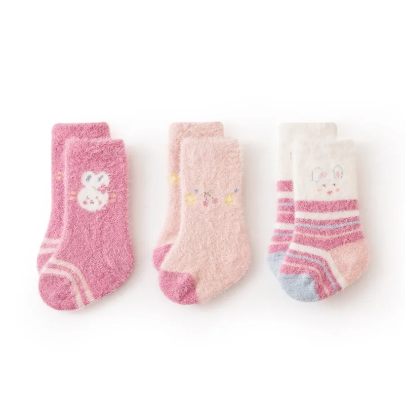 3 Pairs Mink Fleece Toddler Socks with Anti-Slip Grips, Warm Baby First Walk Socks for Indoor Outdoor