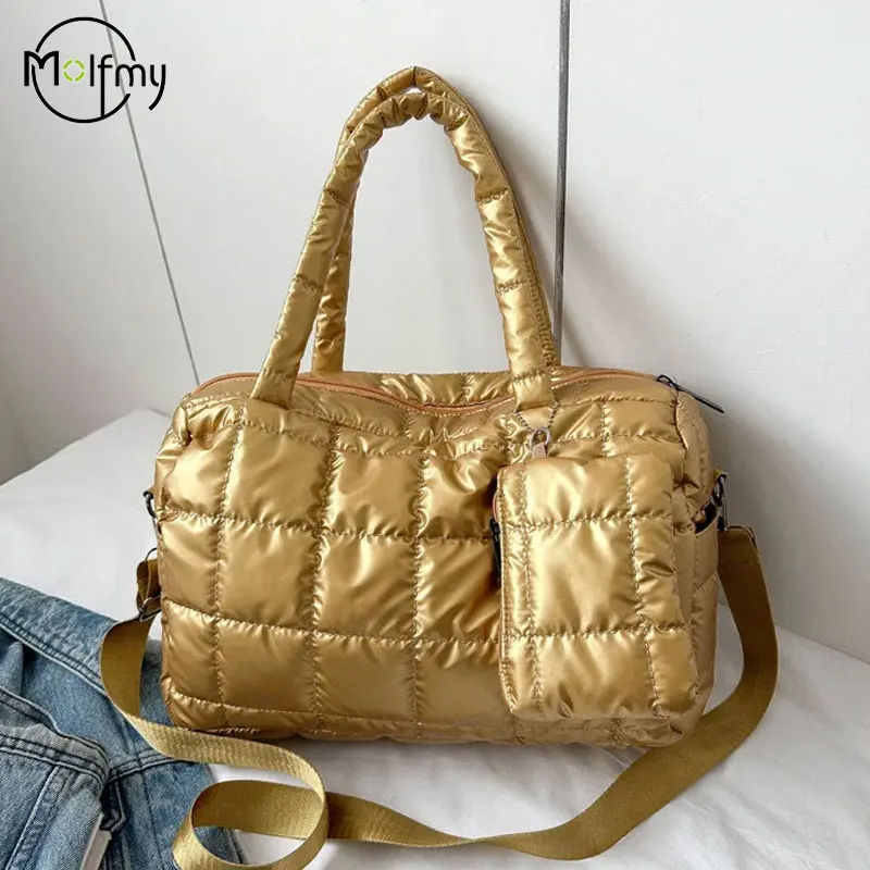 2ชิ้นกระเป๋าหรูหราพื้นที่กระเป๋าผ้าฝ้ายเบาะกระเป๋าถือความจุขนาดใหญ่กระเป๋าสะพายไหล่กันน้ำได้เดินทางสะพายข้างกระเป๋าเงิน Bolsa