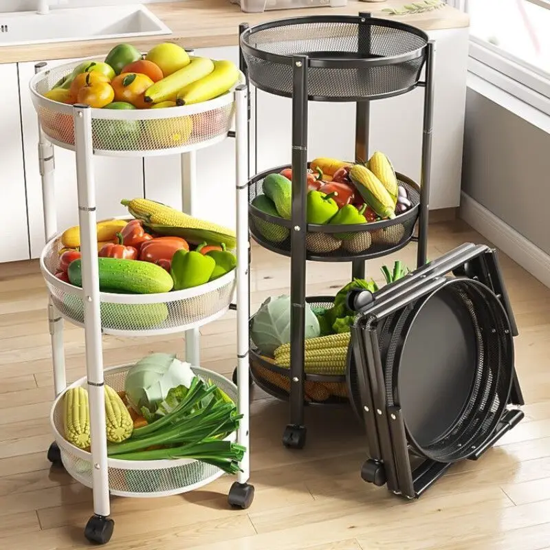 ‌Rotating Kitchen Shelf, Foldable Storage Rack, Mobile Fruit Basket, No-Tool Bathroom Organizer ,Space-Saving Multi-Tiered Stand