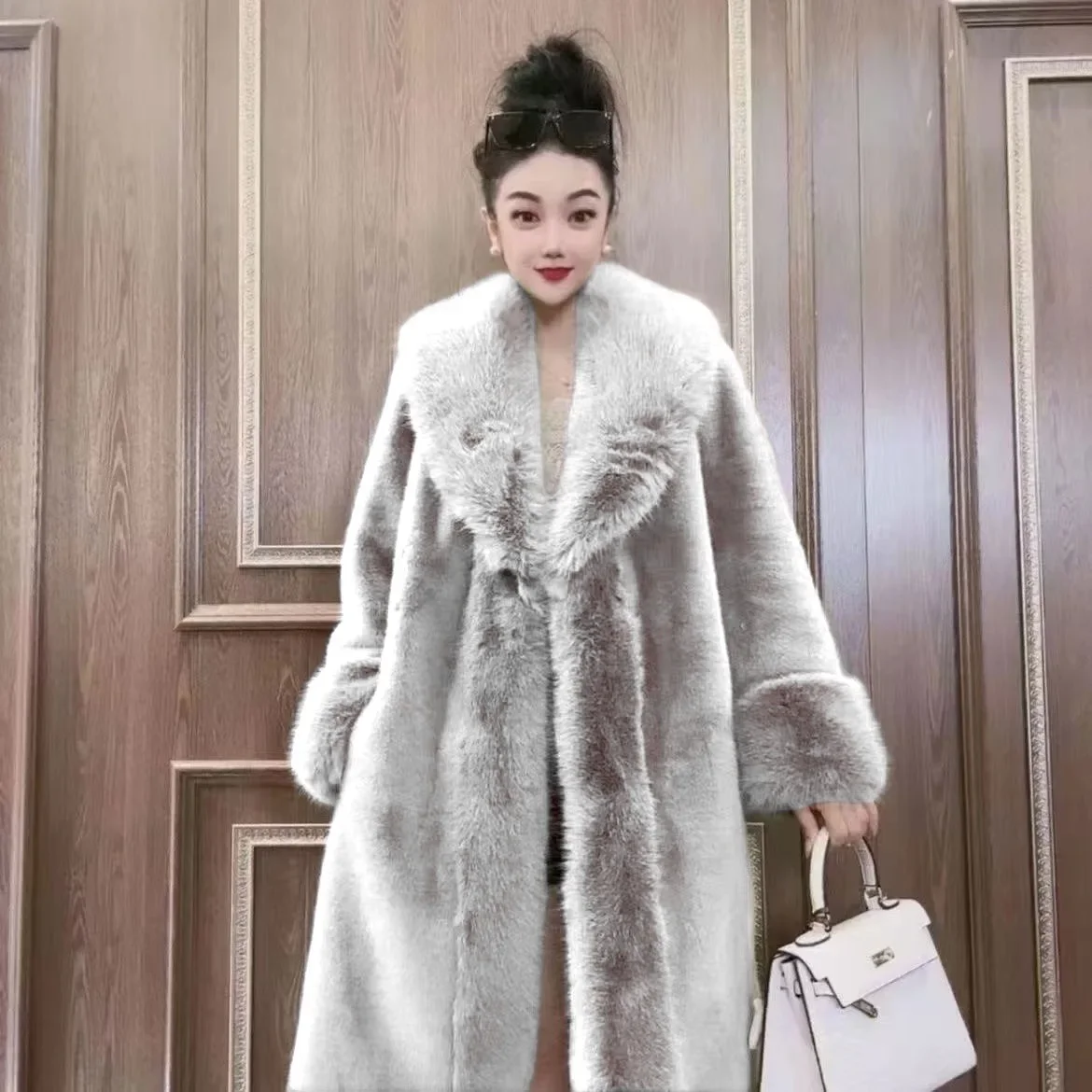 Women Thick Faux Fur Jacket Colorblock White Autumn Winter Maxi Coat Long Warm Luxury Belt Fur Parkas Bontjas Furry Outerwear