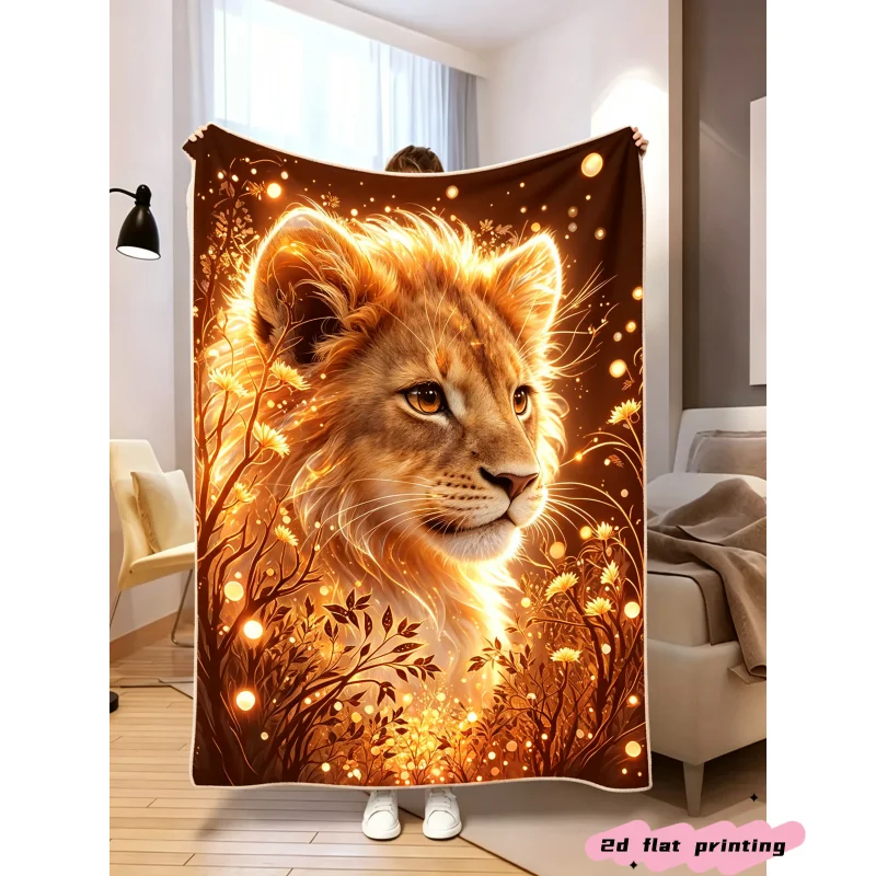 Fantasy Wildlife Throw Blanket Luminous Golden Lion Portrait Glimmer Floral Foliage Magical Sparkle Stylish Pattern  Blanket