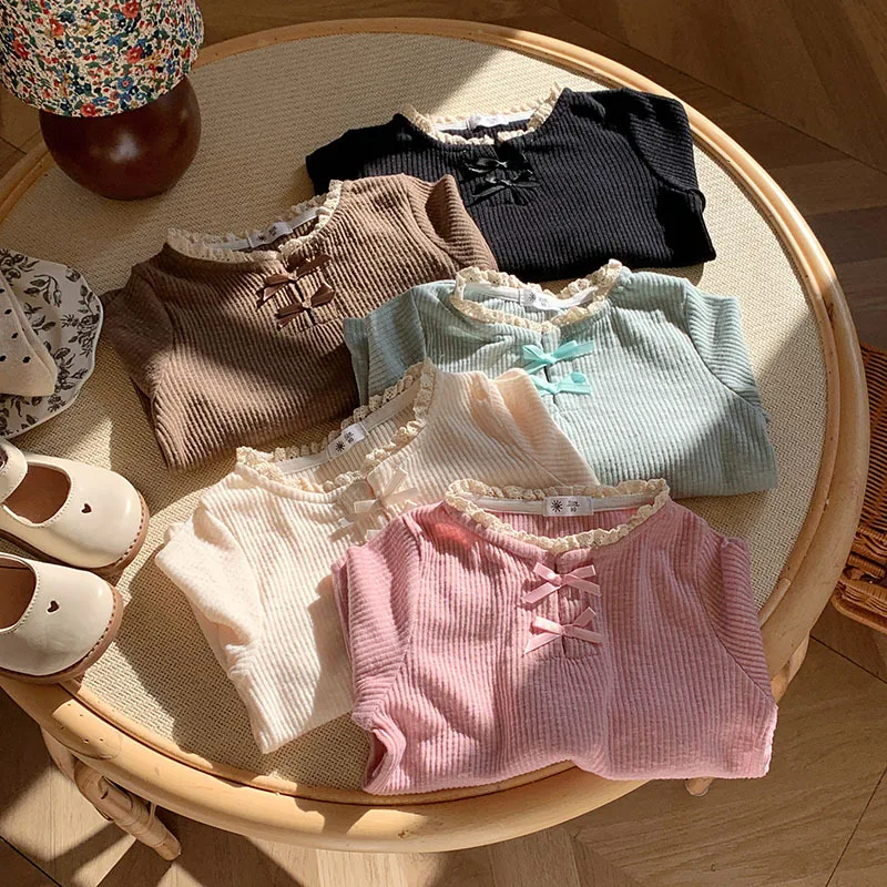 

Ins Children Girls T-shirts Autumn New Lace Collar Bow Sweet Toddler Kid Girls Pullovers Loose Soft Infant Babys Girl Undershirt