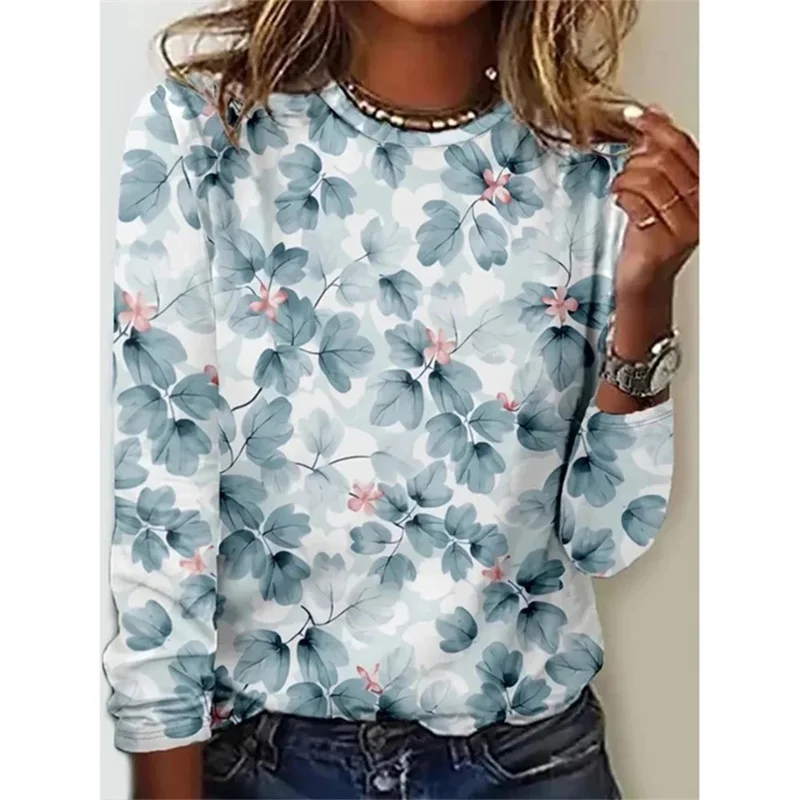 Fashion Colorful T Shirts For Women Fashion Casual Street Long Sleeve Tops O Neck Pullovers Florals 3D Women Tshirts Clothes