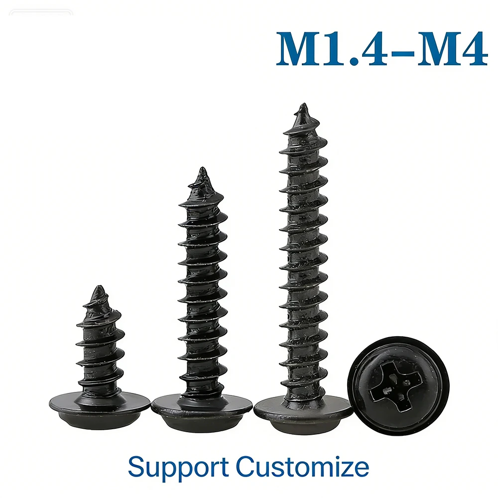 M1.4 M1.7 M2 - M4 PWA Cross Round Head with Washer Self Tapping Screw Black Carbon Steel Phillips Screw Support Customize
