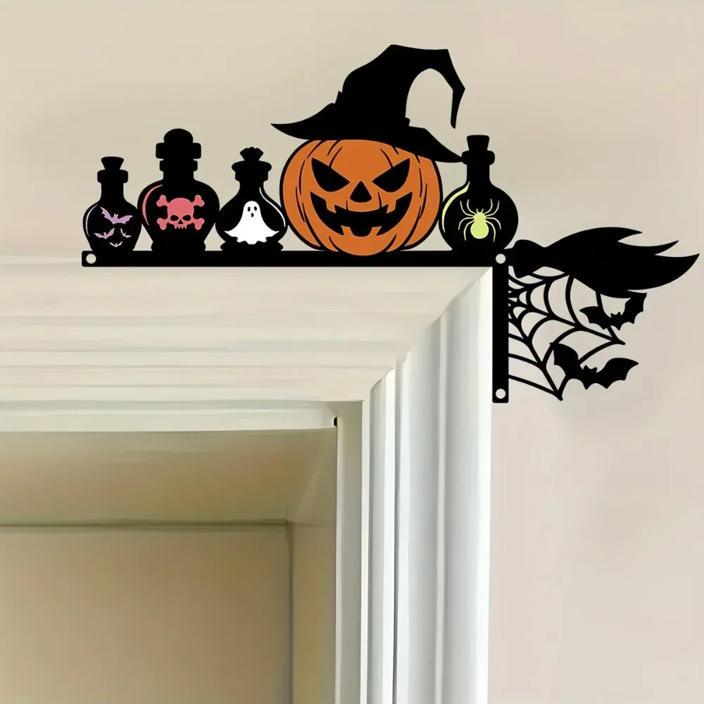CIFBUY Halloween Door Corner Metal Art Witch Hat Potion Bottle Pumpkin Ghost Bat Web Spider 2D Cutout Rustproof Hanging Decor