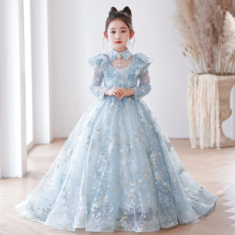 Custom Light Luxury Dress Women Wedding Guest Gown Girls Wedding Gown Birthday Party Pageant Runway Long Sleeve Embroidery Tulle