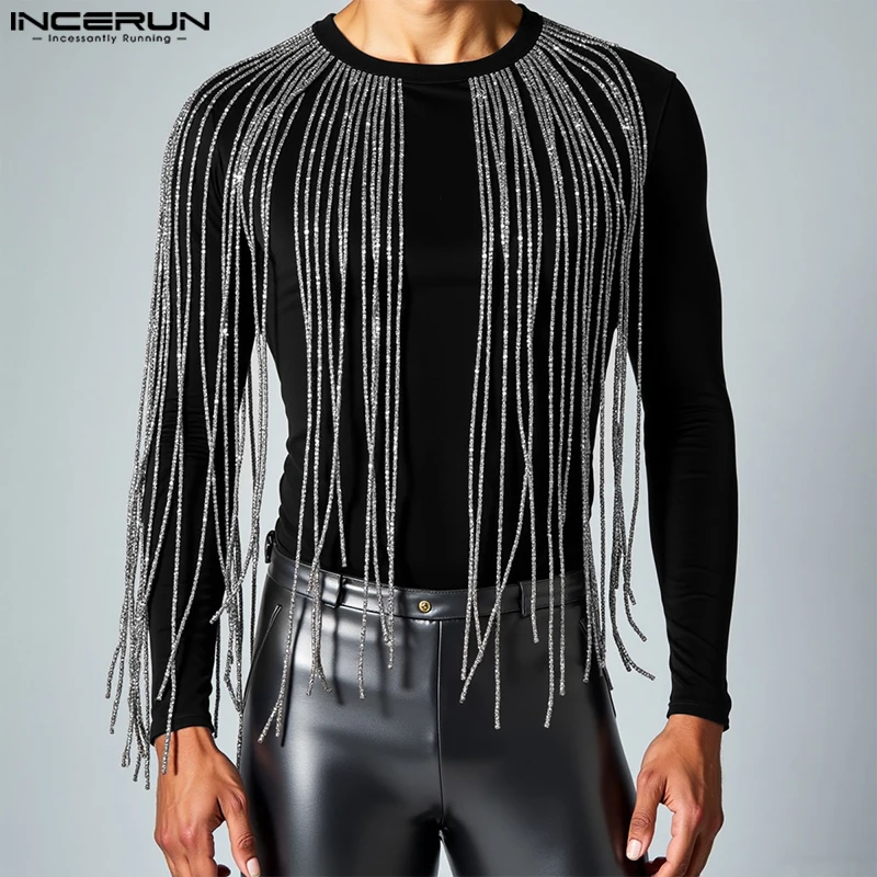 INCERUN Men T Shirt Tassel Patchwork Shiny O-neck Long Sleeve Male Tee Tops Streetwear Autumn 2025 Fashion Casual Men Clothing
