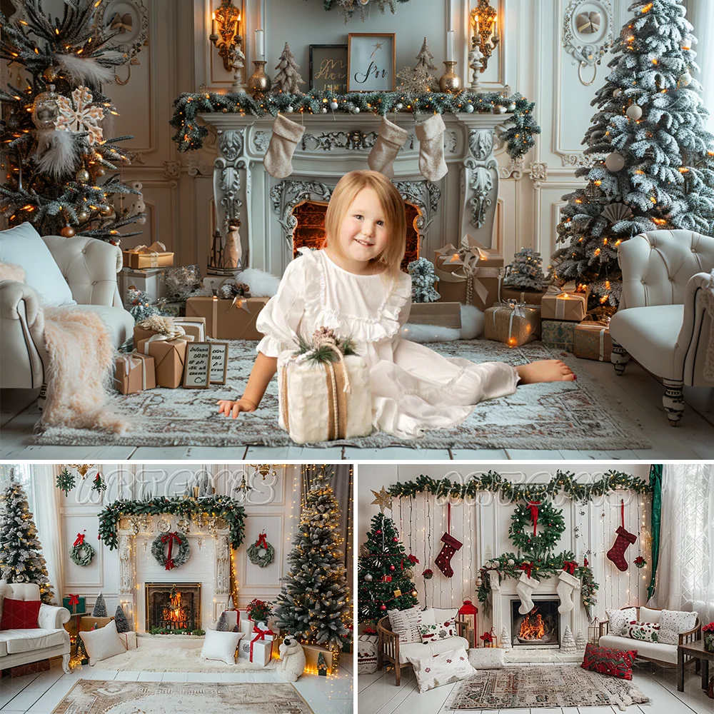 White Christmas Themed Photography Backdrop Fireplace Wreaths Stockings Gifts Blanket Pillows Background Photo Studio Photocall