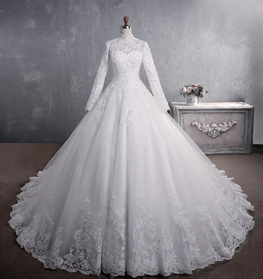 Long Sleeve Wedding Dresses Luxury High-neck Classic Zipper Back Ball Gown Plus Size Vestido De Noiva Plus Size