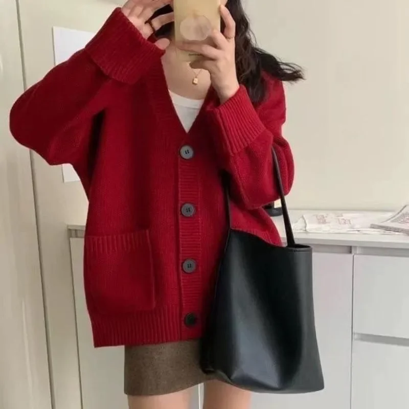 Pull à manches longues pour femmes, manteau Streetwear, mode coréenne, Cardigan tricoté décontracté, col en V, couleur unie, 2026