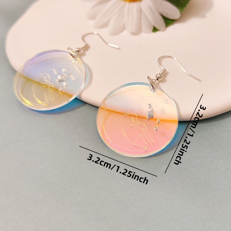 KUGUYS Vintage Round Circle Women\'s Dangle Earrings Holographic Earth Moon Sun Iridescent Jewelry Acrylic Accessories