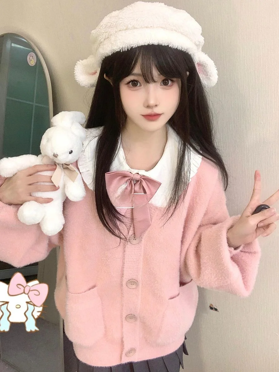 

Autumn Winter Furry Knitted Sweater College Sle Versatile Warm Sweet Girl Outerwear Lazy Coat Versatile Long Sve Top