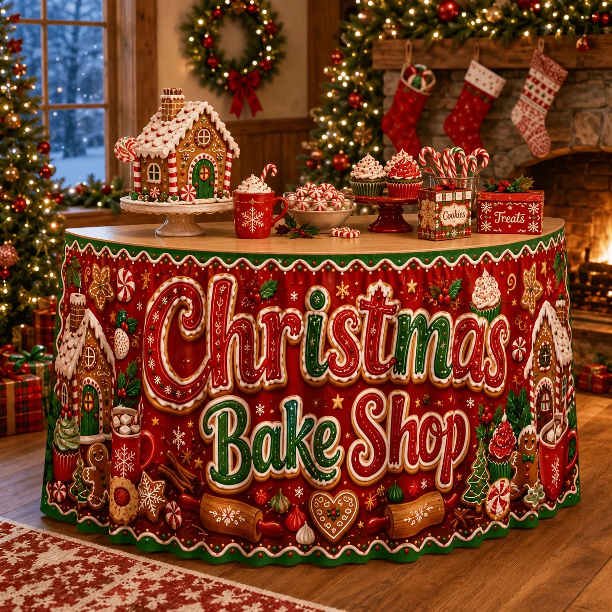 1 piece of tablecloth or table skirt, polyester, Christmas baking shop gingerbread house, gingerbread man, cookie cupcakexzj