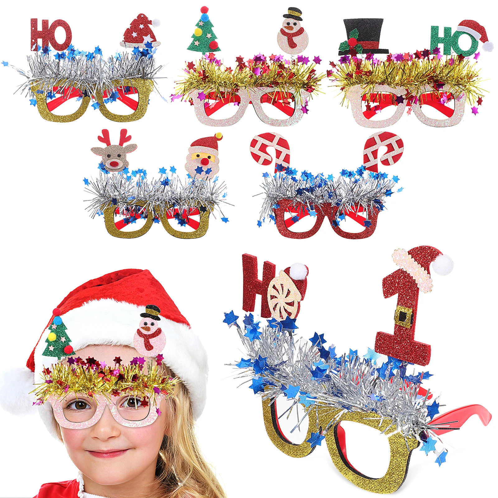 

6 Pcs Glasses Set Xmas Glitter Eyewear Christmas Eyeglasses Festive Accessories Santa Christmas Party Decorations Theme