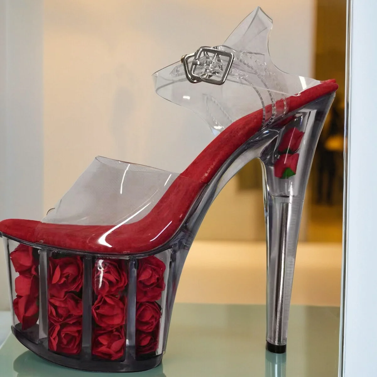 17cm High Heels Steel Pole Dance Shoes Crystal Transparent Floral Design Ultra High Stiletto Waterproof Platform Fashion Sandals
