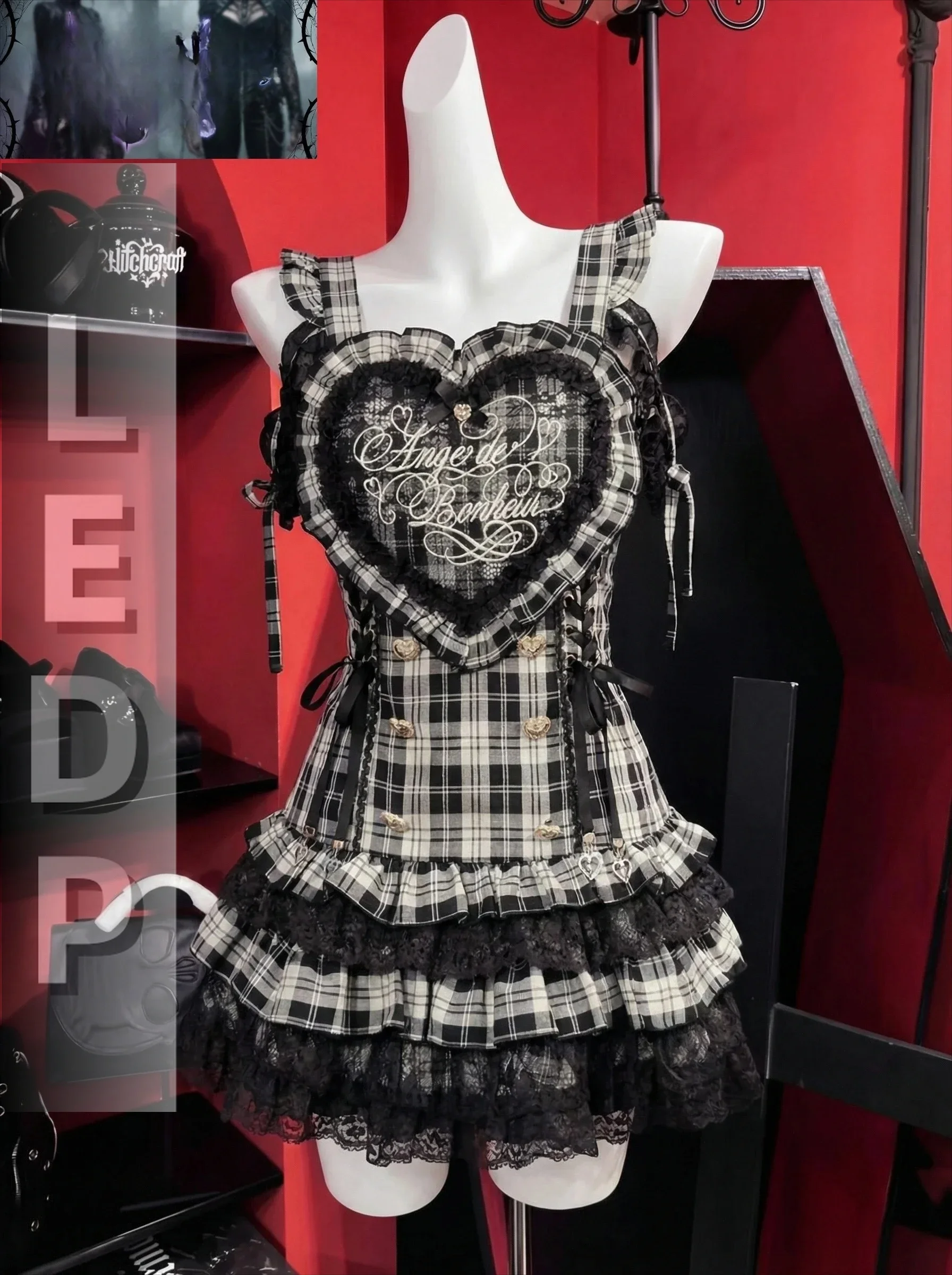 IMU Sweet Japanese Lolita Plaid Lace Heart Embroidery Jumper Dress with Skirt 2 Piece Set Cute Kawaii Mass Produced Style Prince