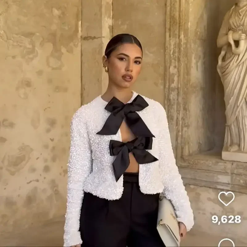 Cappotto da donna corto a maniche lunghe con paillettes o collo Cappotto da donna corto Capispalla Top chic Giacche da donna legate con fiocco Abbigliamento donna