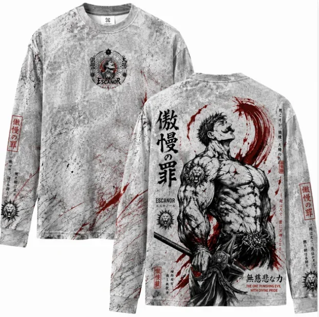 Dark Retro Anime Style Full Print Long Sleeve T‑Shirt  Women's Marble Crack Texture Graphic Pullover Men's T-shirt Y2k Clothes