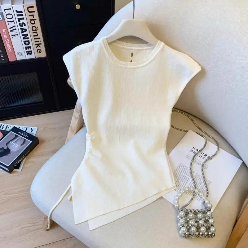 2026Summer New Women Ice Silksleeveless Vest Tshirt with Small Fly Sleeves Waist Pinching Drawstring Irregular Short Knittedtops