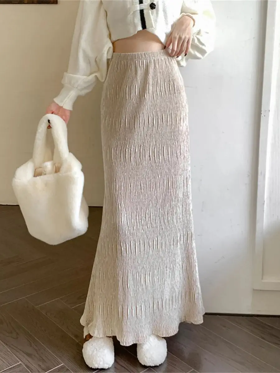 

Новинка осени/зимы 2023, бархатная плиссированная длинная юбка трапециевидной формы «рыбий хвост», женские утягивающие юбки с эластичной резинкой на талии