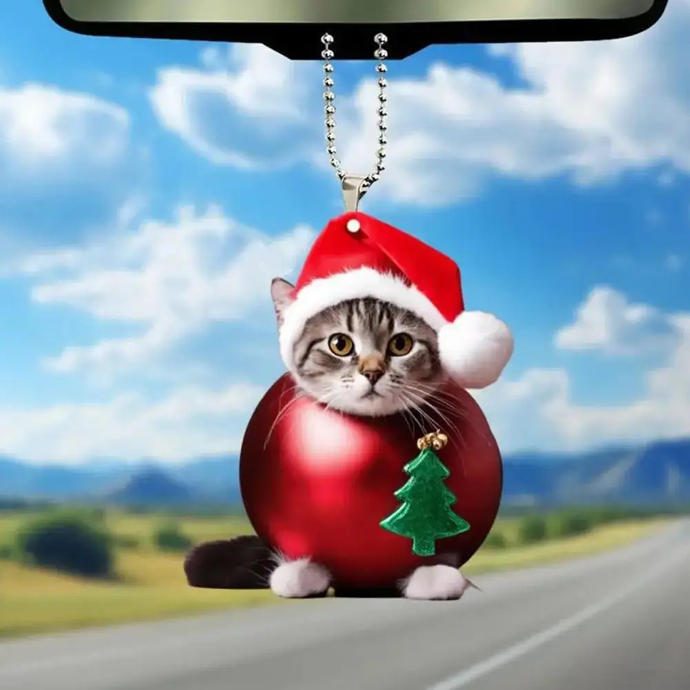 Swinging Cat Car Mirror Hanging Ornament Wearing Christmas Hat Car Pendant Decoration Acrylic Versatile Car Interior Accessories