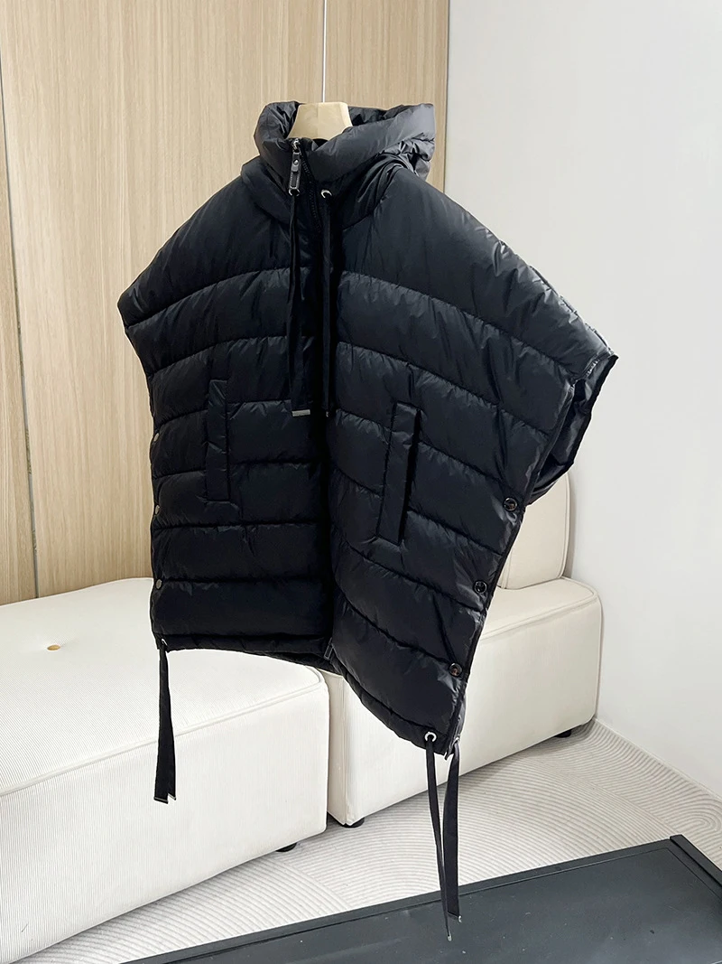 Schinteon Women 90% White Duck Down Irregular Vest with Hood Sleeveless Jacket Solid Fashionable Autumn Winter Top 2025 New