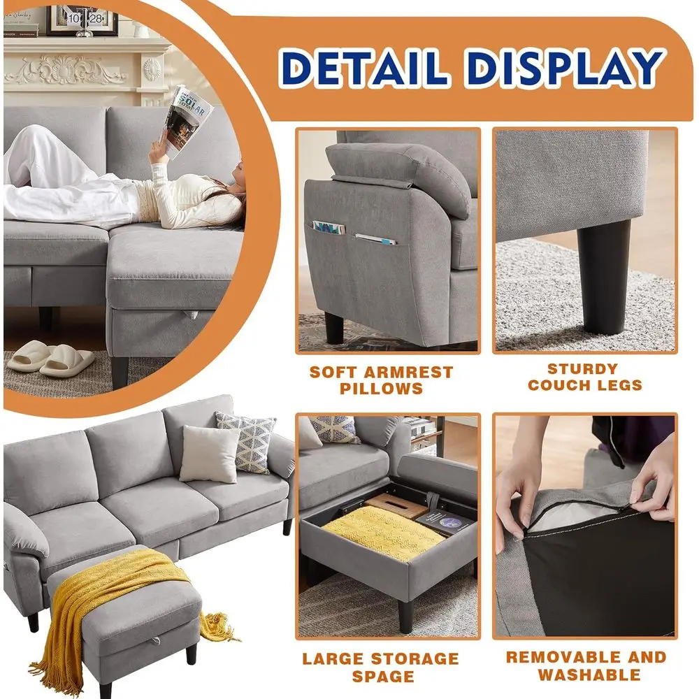 طقم أريكة مقطعية قابلة للتحويل مكونة من 4 قطع: أريكة من الكتان على شكل حرف L مع كرسي قابل للعكس، 3 مقاعد، مقعدين، كرسي بذراعين، مثالي للعيش
