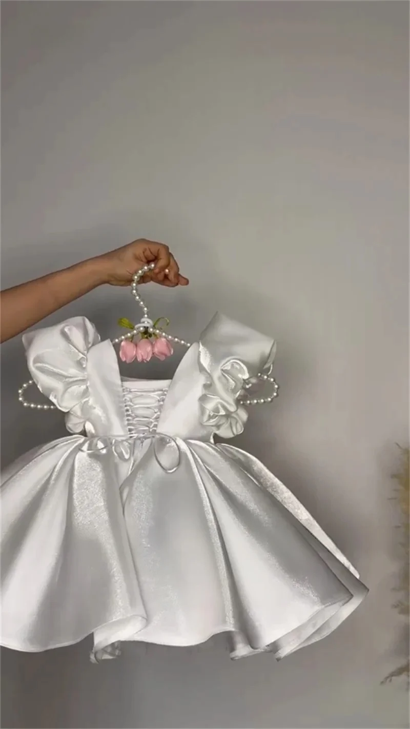 Custom Puff Sleeve Satin 3D Floral Short Luxury Dress Women Wedding Guest Gown Kids Birthday Party Outfit for Pageant Runway